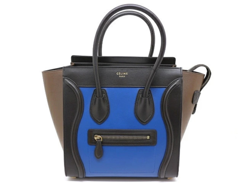 Celine Luggage Tote Shopper Handbag Calfskin Dark Brown Blue